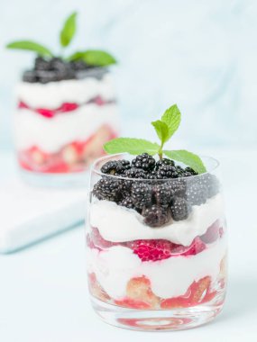 Taze sağlıklı çok katmanlı tatlı önemsememek ahududu ve böğürtlen pastel mavi arka plan ile. Süt ve orman meyve - closeup fotoğrafçılık ile organik tatlı gıda.