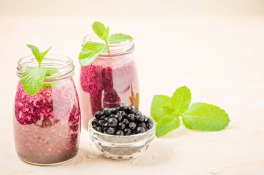 Taze yeşil nane yaprakları ve ham Olgun meyveleri yaz karışımlı vitamini kopya alanı ile kokteyl şeffaf kavanoz sarı pastel arka planda - Blueberry smoothie süslenmiş.