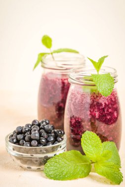 Taze yeşil nane yaprakları ve ham Olgun meyveleri yaz karışımlı vitamini kopya alanı ile kokteyl şeffaf kavanoz sarı pastel arka planda - Blueberry smoothie süslenmiş.