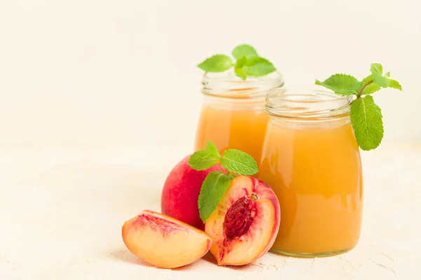 Peach Smoothie Glass Jars Fresh Ripe Fruits Green Mint Leaves — Stock Photo, Image