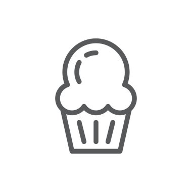 Cupcake düzenlenebilir simge vektör çizim - ince çizgi piktogram tatlı tatlı krem beyaz arka plan üzerinde - muffin piksel mükemmel sembolü izole süslenmiş pişmiş.