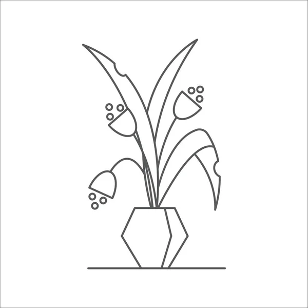 Houseplant linha editável vetor ilustração contorno florescendo flor interior com folhas e flores em vaso . —  Vetores de Stock