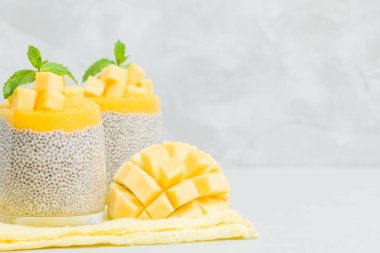 Chia tohum puding mango ile güzel gözlük yeşil nane yaprakları ile püre ve açık gri renkli - ham vejetaryen şekerli organik tatlı taze olgun tropikal meyve kesme.