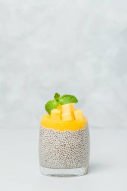 Chia tohum puding mango ile güzel gözlük yeşil nane yaprakları ile püre ve açık gri renkli - ham vejetaryen şekerli organik tatlı taze olgun tropikal meyve kesme.