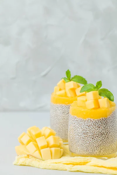 Chia Semínka Pudink Mango Pyré Krásné Brýle Zelené Máty Snížit — Stock fotografie