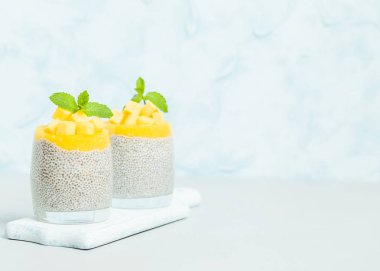 Chia tohum puding mango ile güzel gözlük yeşil nane yaprakları ile püre ve pastel mavi arka plan - ham vejetaryen şekerli organik tatlı taze olgun tropikal meyve kesme.