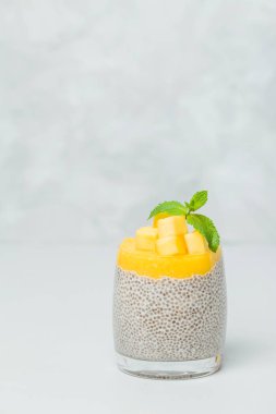 Chia tohum puding mango ile güzel gözlük yeşil nane yaprakları ile püre ve açık gri renkli - ham vejetaryen şekerli organik tatlı taze olgun tropikal meyve kesme.