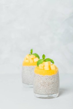 Chia tohum puding mango ile güzel gözlük yeşil nane yaprakları ile püre ve açık gri renkli - ham vejetaryen şekerli organik tatlı taze olgun tropikal meyve kesme.