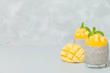 Chia tohum puding mango ile güzel gözlük yeşil nane yaprakları ile püre ve açık gri renkli - ham vejetaryen şekerli organik tatlı taze olgun tropikal meyve kesme.
