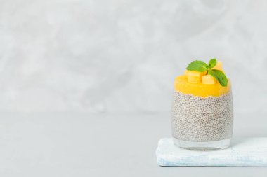 Chia tohum puding mango ile güzel gözlük yeşil nane yaprakları ile püre ve açık gri renkli - ham vejetaryen şekerli organik tatlı taze olgun tropikal meyve kesme.
