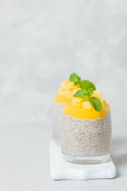 Chia tohum puding mango ile güzel gözlük yeşil nane yaprakları ile püre ve açık gri renkli - ham vejetaryen şekerli organik tatlı taze olgun tropikal meyve kesme.