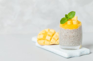 Chia tohum puding mango ile güzel gözlük yeşil nane yaprakları ile püre ve açık gri renkli - ham vejetaryen şekerli organik tatlı taze olgun tropikal meyve kesme.
