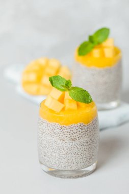 Chia tohum puding mango ile güzel gözlük yeşil nane yaprakları ile püre ve açık gri renkli - ham vejetaryen şekerli organik tatlı taze olgun tropikal meyve kesme.