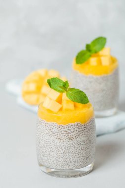 Chia tohum puding mango ile güzel gözlük yeşil nane yaprakları ile püre ve açık gri renkli - ham vejetaryen şekerli organik tatlı taze olgun tropikal meyve kesme.