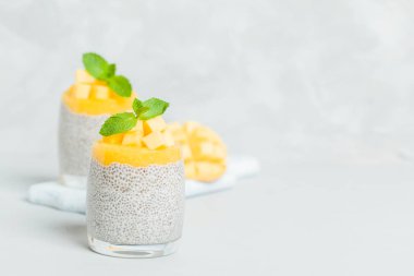 Chia tohum puding mango ile güzel gözlük yeşil nane yaprakları ile püre ve açık gri renkli - ham vejetaryen şekerli organik tatlı taze olgun tropikal meyve kesme.