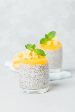 Chia tohum puding mango ile güzel gözlük yeşil nane yaprakları ile püre ve açık gri renkli - ham vejetaryen şekerli organik tatlı taze olgun tropikal meyve kesme.