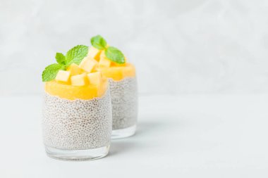 Chia tohum puding mango ile güzel gözlük yeşil nane yaprakları ile püre ve açık gri renkli - ham vejetaryen şekerli organik tatlı taze olgun tropikal meyve kesme.