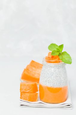 Chia tohum puding güzel gözlük yeşil nane ile kabak püresi ile yaprakları ve açık gri renkli - ham vejetaryen şekerli organik tatlı taze olgun turuncu sebze kesme.