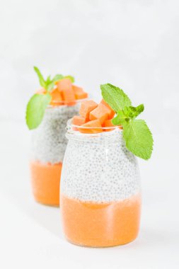 Chia tohum puding güzel gözlük yeşil nane ile kabak püresi ile yaprakları ve açık gri renkli - ham vejetaryen şekerli organik tatlı taze olgun turuncu sebze kesme.