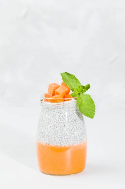 Chia tohum puding güzel gözlük yeşil nane ile kabak püresi ile yaprakları ve açık gri renkli - ham vejetaryen şekerli organik tatlı taze olgun turuncu sebze kesme.