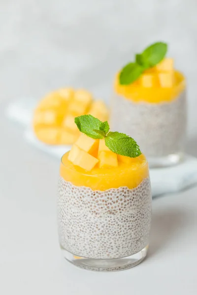 Chia Semínka Pudink Mango Pyré Krásné Brýle Zelené Máty Snížit — Stock fotografie