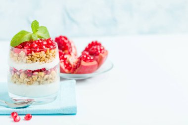 Nar parfe - granola pul, yoğurt ve olgun meyve şekerli organik katmanlı tatlı güzel gözlük kopya alanı pastel mavi zemin üzerine tohum. Doğal vejetaryen sağlıklı gıda.