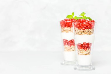 Nar parfe - granola pul, yoğurt ve olgun meyve şekerli organik katmanlı tatlı güzel gözlük kopya alanı ile gri arka plan üzerinde tohum. Doğal vejetaryen sağlıklı gıda.