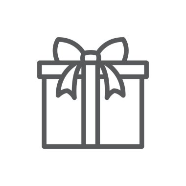 Sarılmış kapalı hediye kutusu düzenlenebilir kontur beyaz arka plan üzerinde izole şerit ve yay piksel mükemmel simgesi ile süslenmiş. Kutlama kavramı için mevcut hattı sembolü.