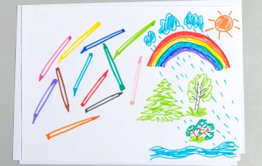 Çocuk doodle gün gökkuşağı ve beyaz arka plan üzerinde izole renkli kalemler ile yağmur yaz. Ağaçlar ve nehir - yaz aylarında doğal sahne keçeli kalemle çizim çocuk manzara.
