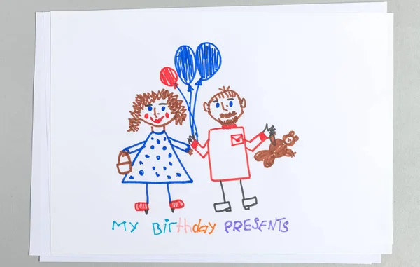 Ребенок Каракули Гостей День Рождения Воздушными Шарами Подарки Изолированы Белом — стоковое фото