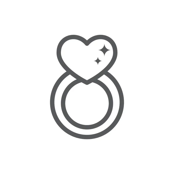 編集可能なストローク 婚約やバレンタインデー概念ベクトル図のピクセル完璧なアウトライン輝き記号と心線アイコンの形で大きな光沢のあるダイヤモンドの宝石リング — ストックベクタ