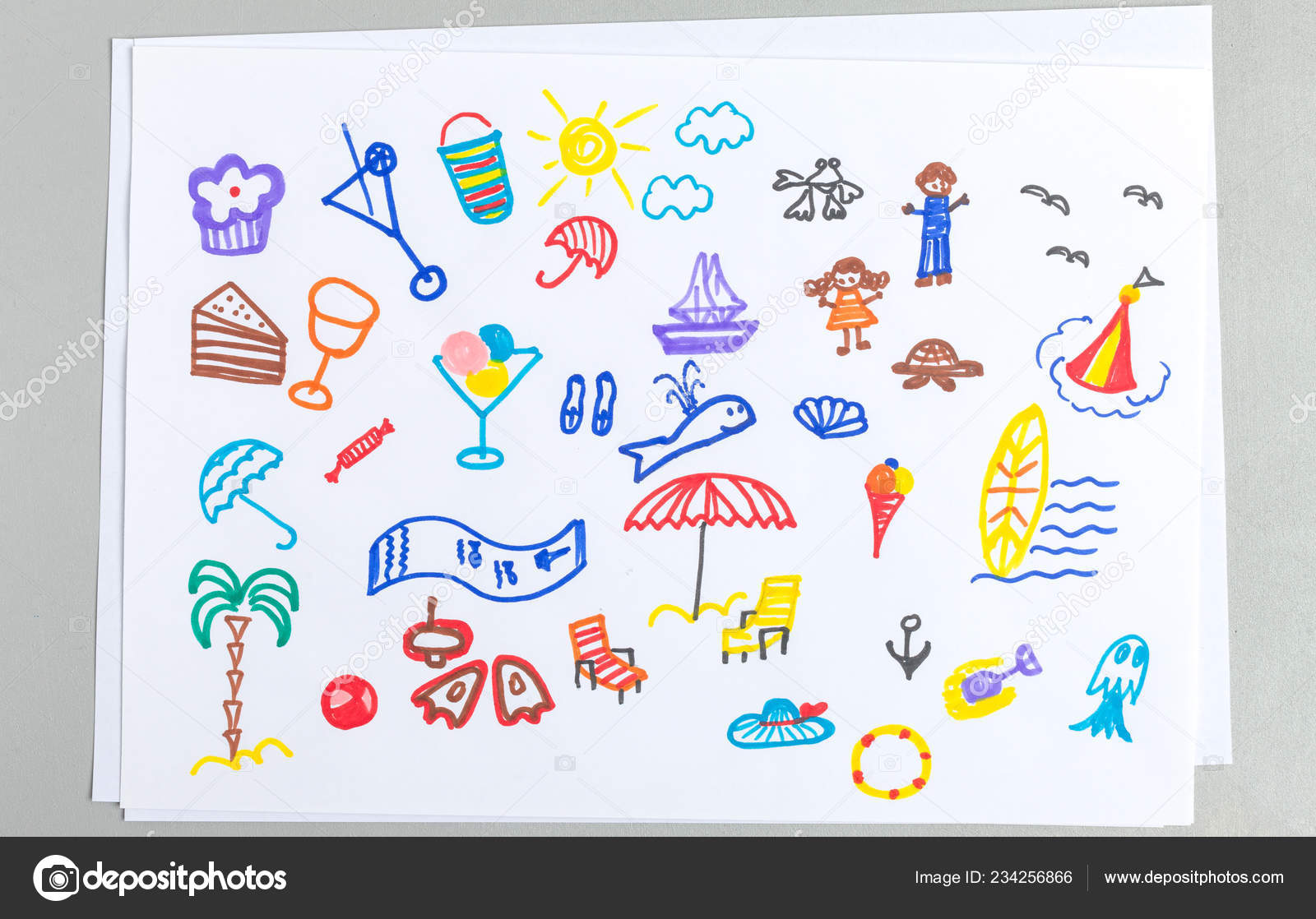 Kid Drawings Set Different Summer Beach Vacation Accessories Elements Child  Stock Illustration by ©RoJDesign #234256866