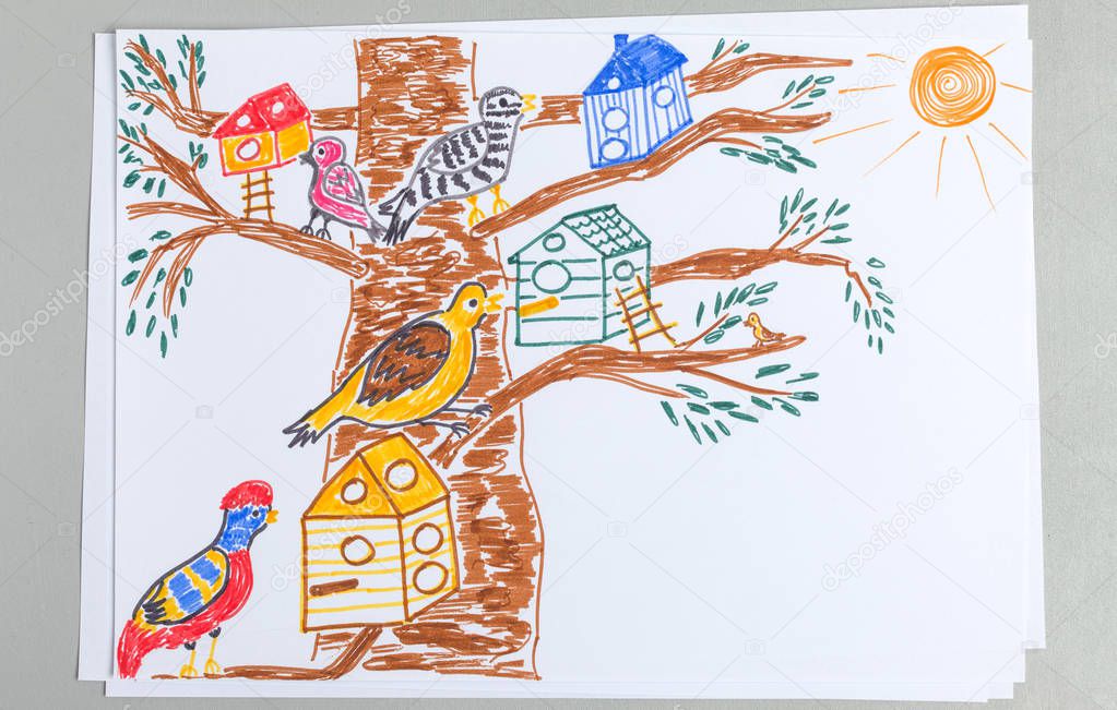 Kid drawing of tree with lots of different birds and nesting boxes on white background - child drawing of wild fowls with houses for nature and animal care concept.