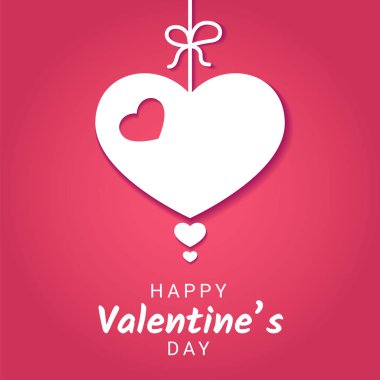 Sevgililer günü ya da aşk afiş pembe arka plan - 14 Şubat tebrik için romantik vektör çizim üzerinde yay ile şerit üzerinde asılı kalp şeklinde dekorasyonu ile vektör çizim.