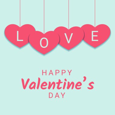 Valentine Day congratulation banner with sign on pink heart hanging on ribbon on blue background. Isolated vector illustration of greeting card for 14 February or wedding.