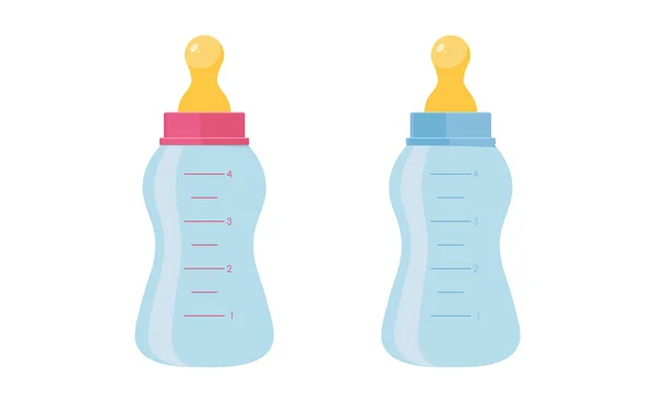 Baby bottle vector illustration set - plastic or glass container with nipple for feeding of newborn in flat style. — Stock Vector