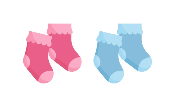 Children socks vector illustration set - pink and blue newborn wearing isolated on white background. — Stock Vector