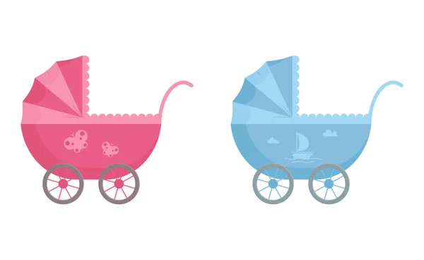 Детская коляска в голубом и розовом цветах украшена парусником и бабочкой в плоском стиле . — стоковый вектор