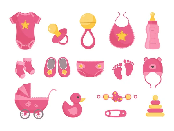 Baby born vector illustration set - various toddler equipment for little girl in flat style. — Stock Vector