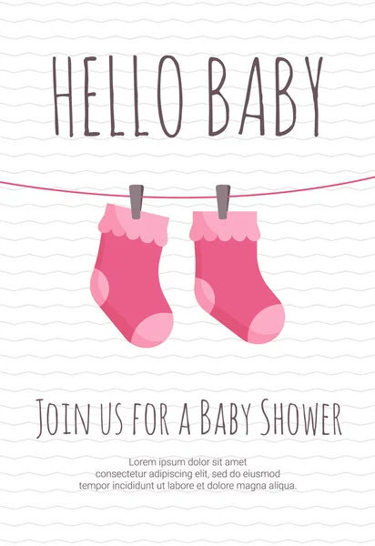Прибытие малышки и душ шаблон приглашения с парой розовых носков малыша висит на булавках . — стоковый вектор