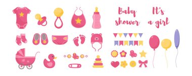 Doğan bebek vektör çizim set - küçük kız ve dekoratif öğeler için çeşitli yürümeye başlayan çocuk donatım.