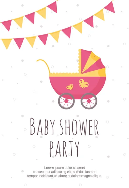 Baby shower zaproszenia szablon z wózka różowy i żółty i flagi partii w płaski. — Wektor stockowy