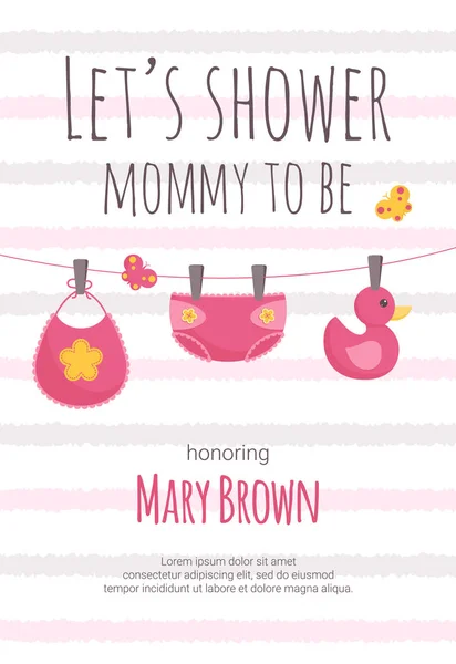 Modello di invito per doccia per bambini con pannolino rosa e giallo per neonata, pettorina e anatra appesi ai perni . — Vettoriale Stock