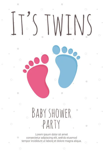 Festa de banho de bebê para a futura mamãe de modelo de gêmeos com passos de criança rosa e azul . —  Vetores de Stock