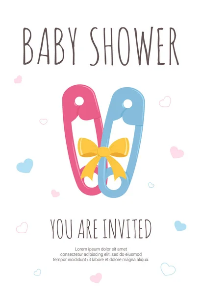 Baby shower party template for future mommy of boy and girl twin with pink and blue toddler safety pins . - Stok Vektor