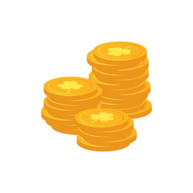 Yonca işareti - St Patrick günü geleneksel sembolü düz tarzı ile altın sikke yığını.