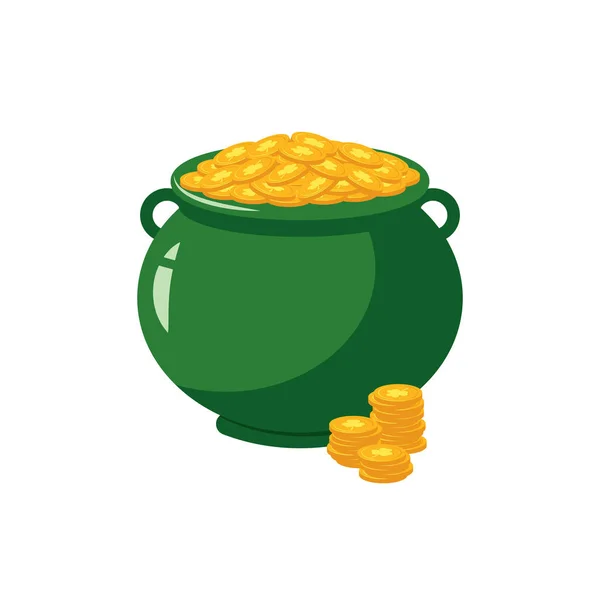Зеленый горшок с золотыми монетами с клевером - традиционный символ Дня Святого Патрика в плоском стиле . — стоковый вектор