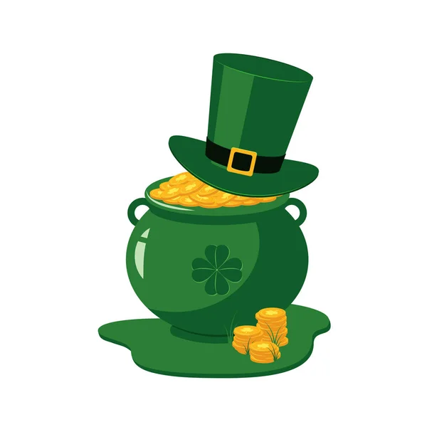 St Patrick günü geleneksel semboller - yeşil cüce şapkası ve pot altın dolu. — Stok Vektör