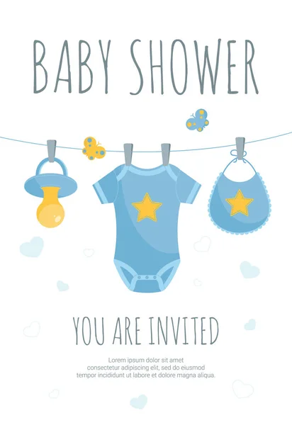 Baby shower invitation in flat vector illustration - vertical banner with blue babysuit, bib and pacifier. — Stock Vector