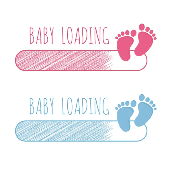 Baby loading concept with progress bar and pink and blue footsteps vector illustration set. — Stock Vector